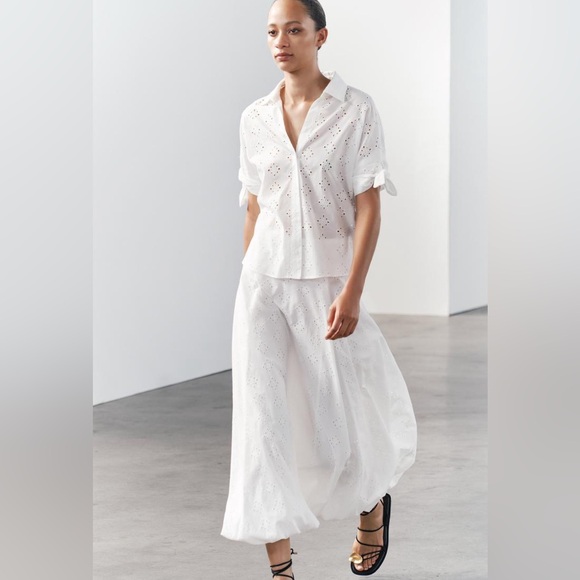 Zara embroidered 100% cotton white voluminous hem midi skirt sz.XS - Picture 4 of 16